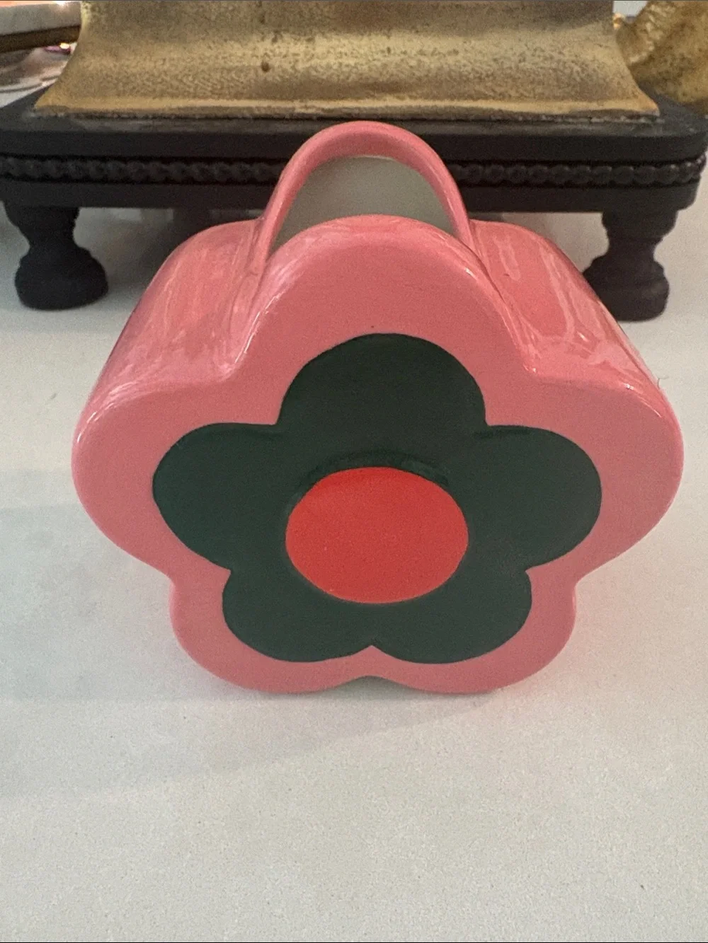 ban.do Pink Flower-Shaped Ceramic Accent Vase with Green Petal and Coral Center